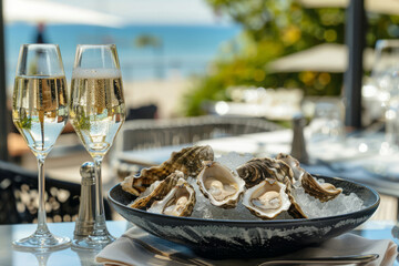 Wall Mural - Romantic setting with plate of fresh oysters and two glasses of sparkling wine on terrace against sea