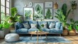 The interior of the living room is full of comfortable furniture and home decorations - a comfortable couch, armchairs, coffee tables, house plants, floor lamps, wall pictures. This is a modern