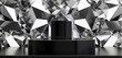 Modern 3D cylinder podium in jet black set against a geometric silver triangle background, emphasizing a sophisticated aesthetic.