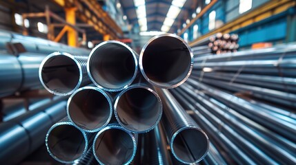 Wall Mural - High quality steel pipe or aluminum in stack waiting for shipment in warehouse, Steel industry. copy space for text.
