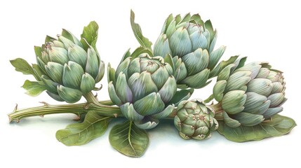 In this illustration, the buds, stalks and leaves of an artichoke plant are placed on a white background. Natural detailed drawing of a plant used in floristry.