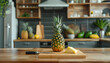 Wooden board with cut pineapple on table in kitchen