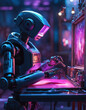A robot in his room in neon punk style is doing creativity.