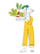 Hand drawn line art vector of a gardener holding a basket of durian. Green spikyfruit.GARDENING CONCEPT. fARMERS AND IMPPRTANCE OF FARMING. Organic food