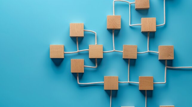 Automation of business processes and workflows using a flowchart made of wooden blocks set against a blue backdrop. systems for managing workflow and organizational structure.