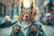 Shoot a picture of a well-dressed squirrel in a blazer working as a stockbroker in a bustling financial district
