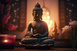 Buddha statuette and candles on wooden table in interior. Buddha Purnima. Vesak day. Buddhist Holiday