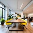eco friendly open plan modern office interior with meeting room wooden meeting table yellow chairs 