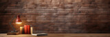 Fototapeta  - banner of Desk workspace with Lamp and Books