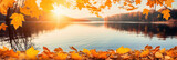 Fototapeta  - banner of lake with leaves in autumn