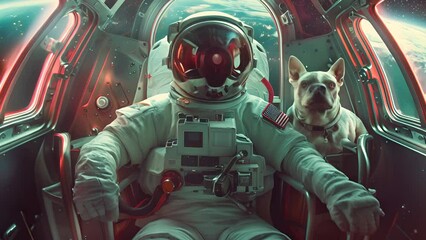 Wall Mural - a man in a spacesuit is sitting in a spaceship with a dog. the dog is wearing a collar with the amer