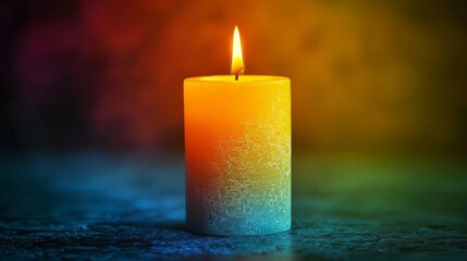 Canvas Print - Candle with flame on red, green and blue gradient background.