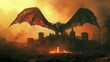A large red dragon is flying over a castle, breathing fire on the buildings.