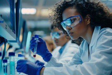 Poster - In a modern laboratory, a woman scientist in protective gear carefully analyzes the contents of a test tube, research and development concept
