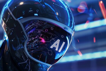 Poster - Close-up of an AI helmet's visor reveals an intricate digital projection, highlighting virtual interfaces