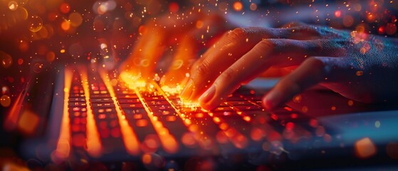 Poster - A close-up of hands typing on a keyboard with dynamic light effects suggesting speed and technology