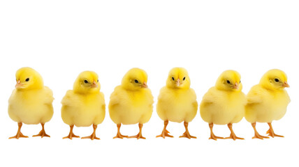 Six cute baby chickens chicks isolated on transparent background.
