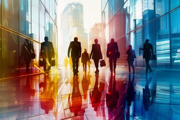 Poster - Silhouette figures of busy professionals walking in a vibrant, modern cityscape with reflective office buildings and dynamic lighting