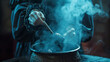 A witch stirring a cauldron with a ladle, creating a plume of smoke