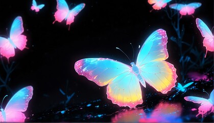 Wall Mural - white neon light glowing butterfly on plain black background from Generative AI