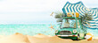 Summer travel concept. Funny green car with summer accessories on beautiful sand beach. 3D Rendering, 3D Illustration