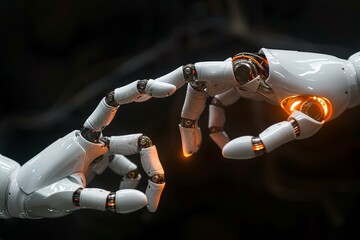 Poster - Two robotic hands with intricate mechanics reaching out to each other, representing connectivity and artificial intelligence