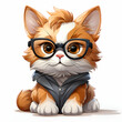 Cute cartoon cat with glasses on a white background.  illustration.