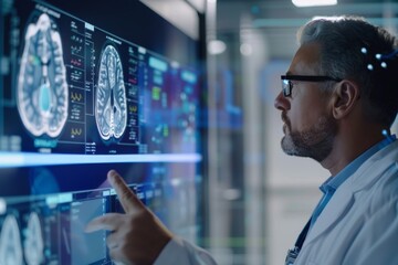 Poster - A professional in a white coat is analyzing brain scans displayed on high-tech screens in a medical facility