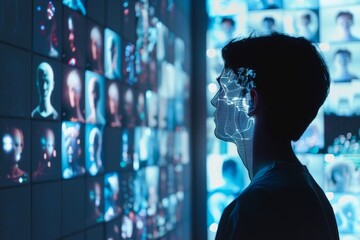 Fototapete - The profile of a person is highlighted against a wall of digital screens with a facial recognition interface projected