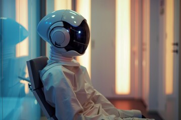 Poster - A robot with a human-like posture sits in an office chair, seemingly contemplating, with a futuristic helmet