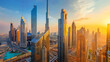 Dubai downtown with modern skyscrapers at sunset. Dubai