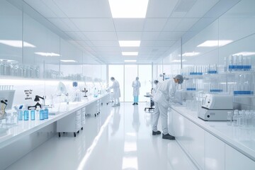 Poster - A pristine modern laboratory setting with scientists engaged in research, symbolizing innovation and medical advancement