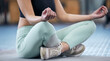 © peopleimages.com - Girl, yoga and meditate in gym for peace, mindfulness and mental health with zen or wellness. Woman, lotus meditation and calm or breathe for spiritual wellbeing in daily routine, workout and closeup