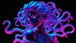 blue neon light glowing medusa statue on plain black background from Generative AI