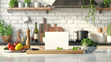 cooking show set with blank recipe card mockup for cooking demonstrations
