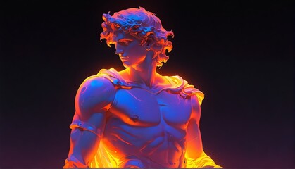 Wall Mural - orange neon light glowing god apollo greek statue on p plain black background from Generative AI
