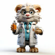 Cartoon dog doctor with a bottle of medicine on a white background