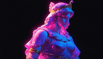 Wall Mural - purple neon light glowing goddess athena greek statue plain black background from Generative AI