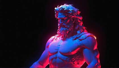 Poster - red neon light glowing god zeus greek statue on plain black background from Generative AI