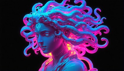 Wall Mural - white neon light glowing medusa statue on plain black background from Generative AI