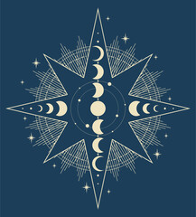 Wall Mural - Mystical drawing of the moon phases, boho illustration, magic card. Vector hand drawing.Blue background