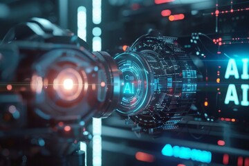 Fototapete - An advanced artificial intelligence concept depicted through a camera lens with glowing AI text and futuristic graphics