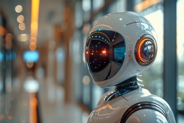 Poster - The close-up image highlights the intricate design and glowing eyes of a sophisticated robot, a symbol of cutting-edge technology