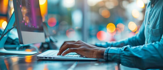 Poster - Close-up view of a person's hands typing on a keyboard with colorful blurred lights in the background