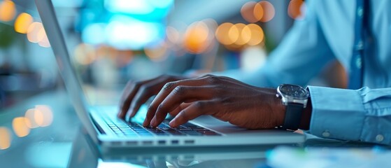 Poster - Detailed image capturing a professional's hands typing on a laptop in a well-lit office environment