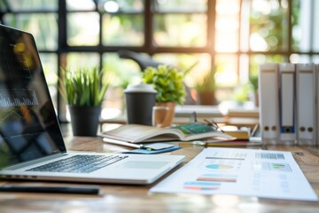 Poster - A modern workspace with a laptop displaying graphs, surrounded by business reports, indoor plants, and office supplies