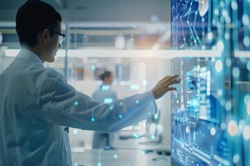 Fototapete - A professional in a lab coat is immersed in data analysis on a high-tech touch screen in a modern setting