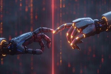 Poster - Two robotic arms create electric sparks, depicting a connection or interaction between machines