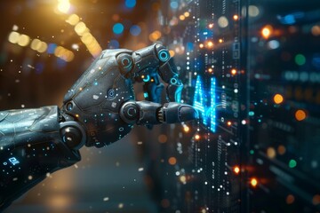 Fototapete - A robot hand with intricate details reaching towards a glowing server panel representing futuristic technology