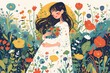 A woman with long hair stands in the center of an illustration surrounded by flowers and plants, holding her belly. She is wearing a white dress adorned with floral patterns. 